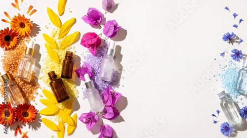 Minimalist Cosmetic Dropper Bottles and Organic Petals Flat Lay on Bright Studio Tabletop for Beauty Banner