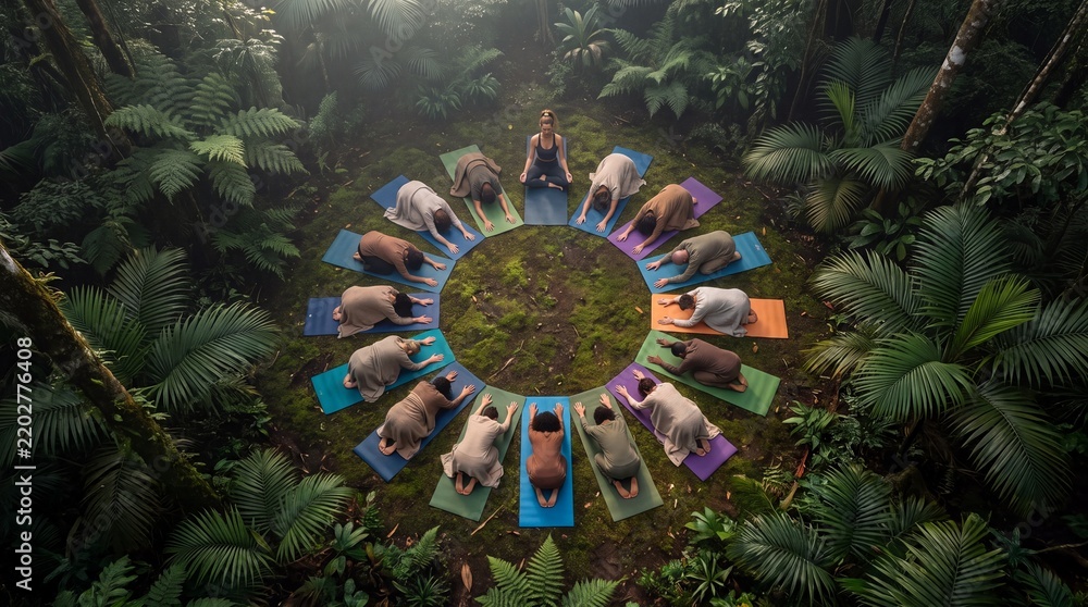 Obraz premium Overhead View of Diverse Group Meditating on Yoga Mats for Wellness Retreat Banner