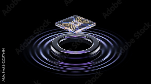 A clear, faceted gemstone-like object displaying intricate internal golden wires and connections hovers over a dark, rippling circular platform.