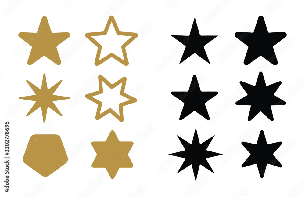 Fototapeta premium Assorted gold and black star shapes set for holiday ornaments or creative design project templates.