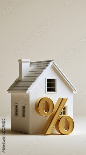 A white model of a house with a large gold percentage sign, symbolizing mortgage rates, lending, and housing costs.