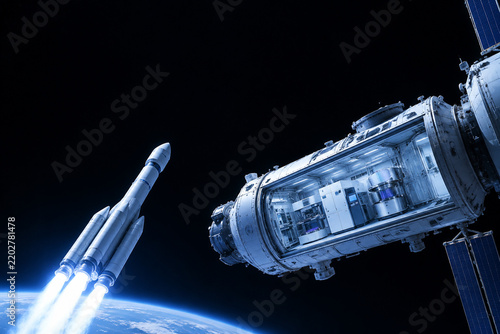 Rocket ascending toward orbital station with semiconductor equipment, space technology concept