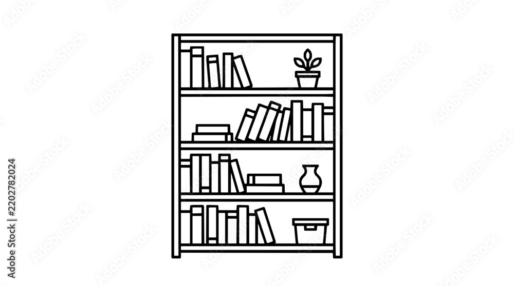 Fototapeta premium A black and white line art illustration of a wooden bookshelf filled with various books with arranged books decorative
