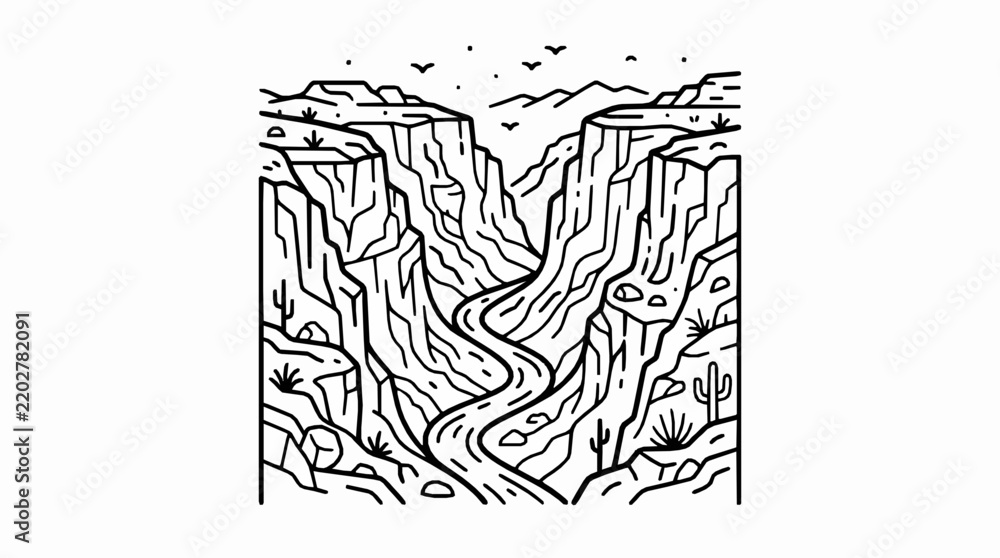 Obraz premium Black and white line art illustration of a desert canyon with a winding river with minimalist linear drawing