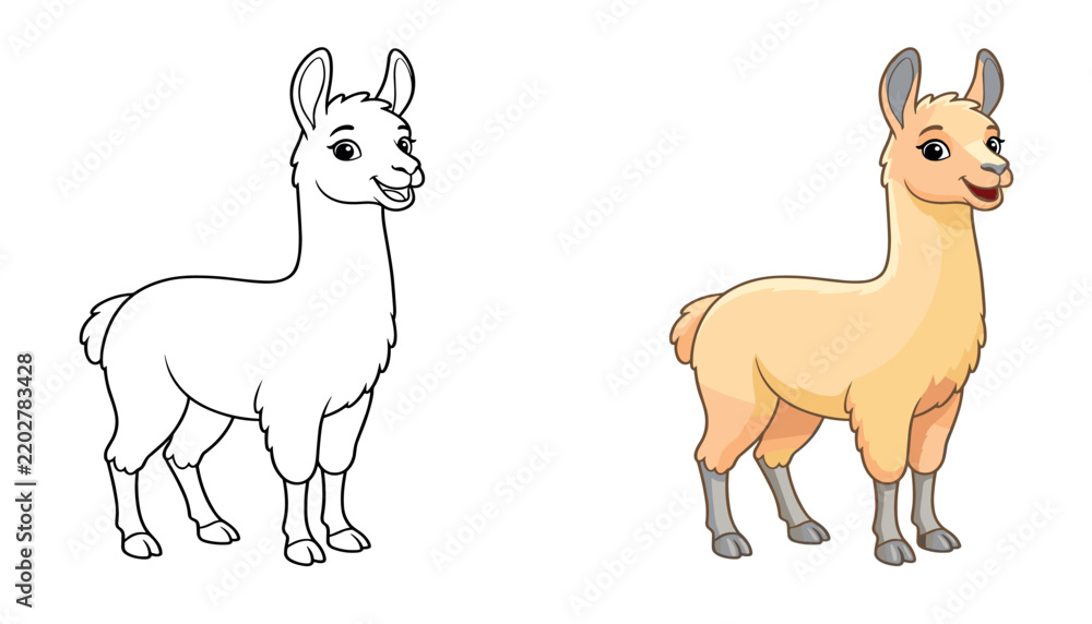 Fototapeta premium Cute cartoon llama coloring page layout featuring colored vector character and black and white lineart on white background.