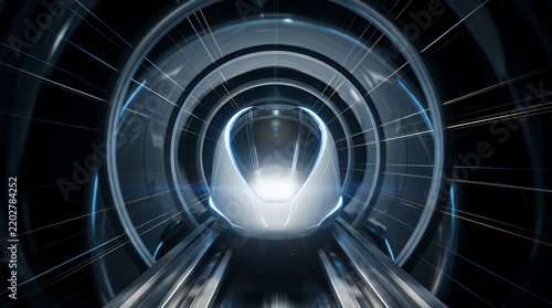Futuristic high-speed train enters a brightly lit tunnel with glowing blue accents and dynamic light streaks suggesting rapid motion.