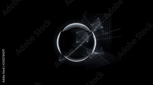 A sleek, reflective black sphere is encircled by minimalist white wireframe structures and geometric diagrams against a deep black void, symbolizing innovation and digital concepts.