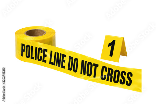 Yellow police line tape roll with numbered forensic evidence marker isolated on white background, crime scene investigation and restricted area concept.