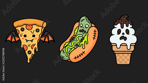 Cute spooky Halloween fast food vector set featuring a vampire pizza slice with bat wings, a zombie hot dog, and a ghost ice cream cone.