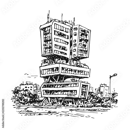 Modernist brutalist concept skyscraper building hand drawn ink sketch vector illustration