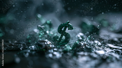 Green Dollar Sign Symbol Crashing in Water with Splashes
