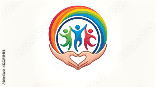 Colorful happy people icon inside hands forming a heart shape illustration