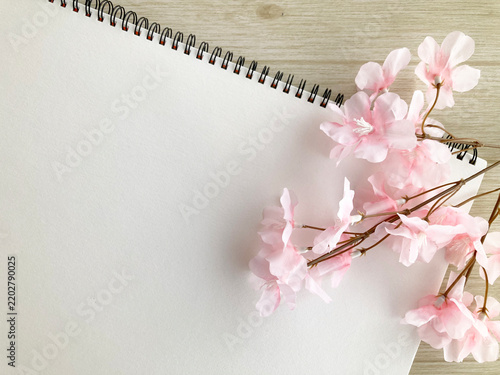 Foto スケッチブックと桜・春・新生活・桜の開花や入学・入社・春の目標設定・お祝い・春のキャンペーン・新生活応援フェア・合格祝い・ウェルカムボード