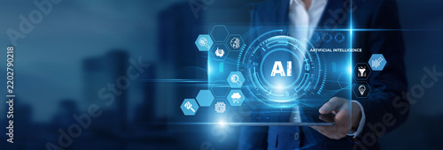 Businessman Hand Holding Digital Tablet to Analyze Artificial Intelligence Data and Machine Learning Algorithm, Deep Learning, Automation Technology, Neural Network, Cognitive Computing