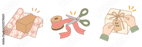 Hand Drawn Gift Wrapping Process and Present Preparation Collection