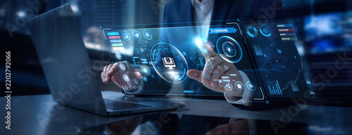 Businessman Analyzing E-Learning and Online Education Progress Data on Digital Screen, Virtual Class Metrics, EdTech Student Analytics, Remote Training Dashboard, Knowledge Portal