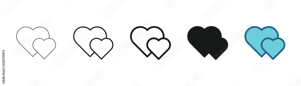 Obraz premium Heart icon vector set, couple love symbol collection, linear outline, solid black, and blue filled designs