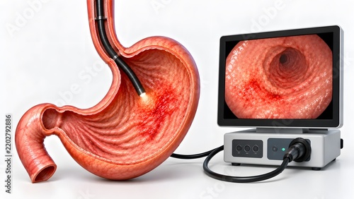 AI generated medical illustration of endoscopy procedure for stomach cancer screening and ulcer diagnosis