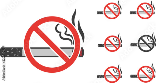 No Smoking Sign Vector Set with Cigarette and Prohibition Symbols