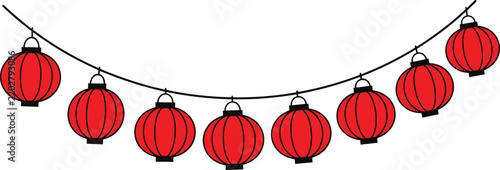 Red Chinese Lanterns String Garland Illustration Vector Design Isolated on White Background