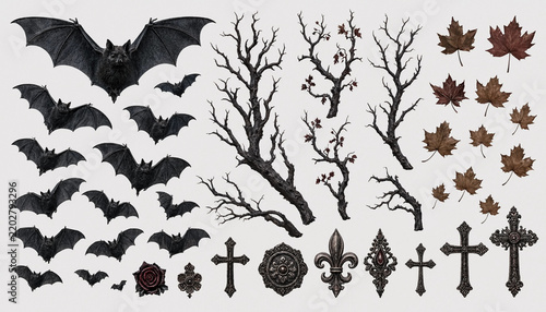 Halloween design elements set with bats, dead tree branches, autumn leaves and crosses