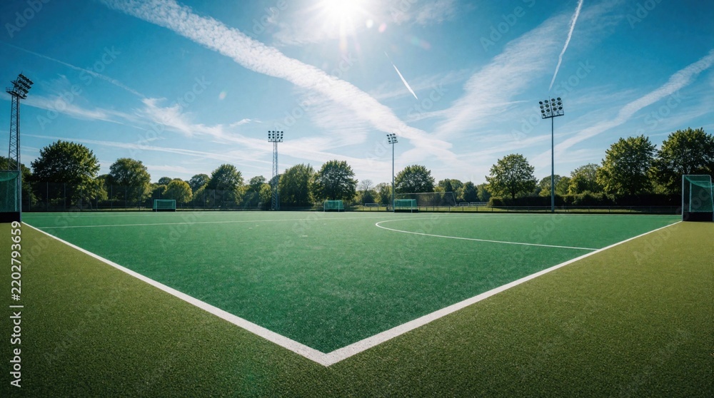 Obraz premium Empty field hockey arena with green turf and white lines under a bright blue sky. Goals with nets stand at either end. Stadium lights tower over the pitch. Trees surround the sports field.
