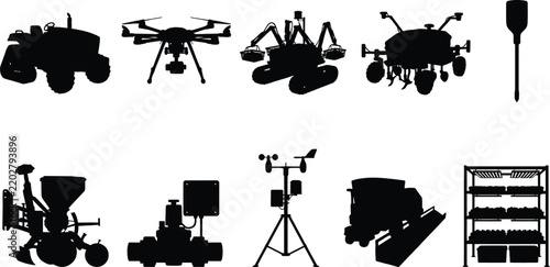 Smart Agriculture Silhouette Set Collection of Autonomous Farm Machines and Equipment