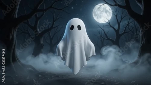Cute White Ghost Floating In Spooky Forest At Full Moon Halloween Night