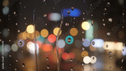 Raindrops On Window Glass With Blurred City Lights Bokeh At Night