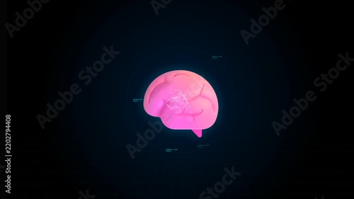 Glowing 3D pink brain model on digital HUD interface