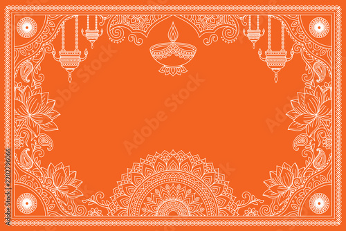 Orange Deepavali Greeting Card Background with Traditional Indian Mandala and Lotus Art