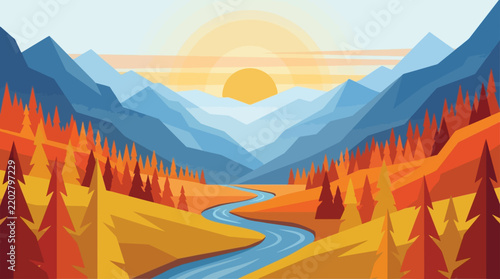 A beautiful flat vector illustration of a mountain landscape with a winding river during a golden autumn sunset.