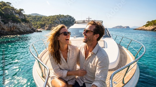 Happy young couple laughing and relaxing on the deck of a luxury yacht sailing in a beautiful bay