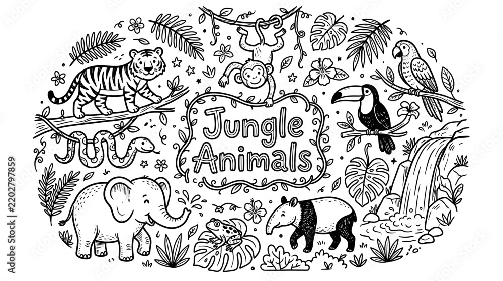 Obraz premium Jungle Animals Coloring Page for Kids