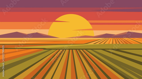 Stylized vector illustration of a sunset over a cultivated agricultural field with distant mountains.