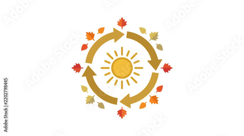 Circular recycling arrow symbol with sun and autumn leaves for environmental concept.