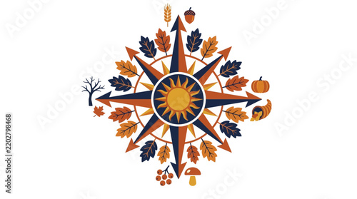 Decorative autumn compass illustration with seasonal foliage and harvest elements.