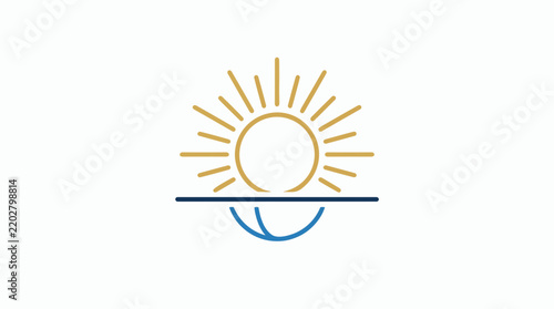 Minimalist graphic icon of a rising sun over a blue horizon line.