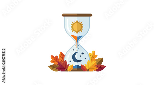 Stylized hourglass illustration with sun and moon symbols surrounded by colorful autumn leaves.