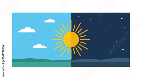 A flat vector illustration showing the contrast between day and night with a central sun.