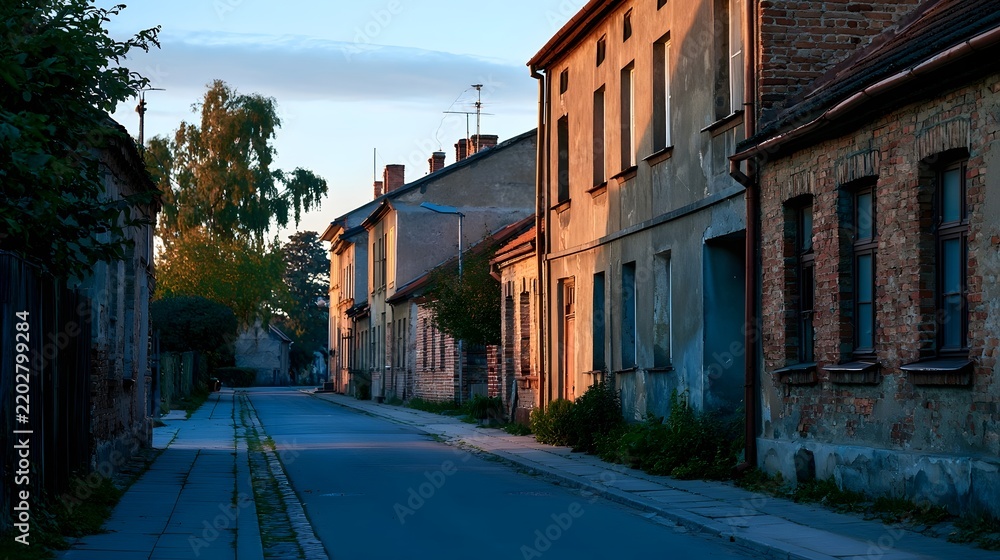 Fototapeta premium A quiet street lined with old brick and plaster buildings under soft evening light trees and overgrown sidewalks visible