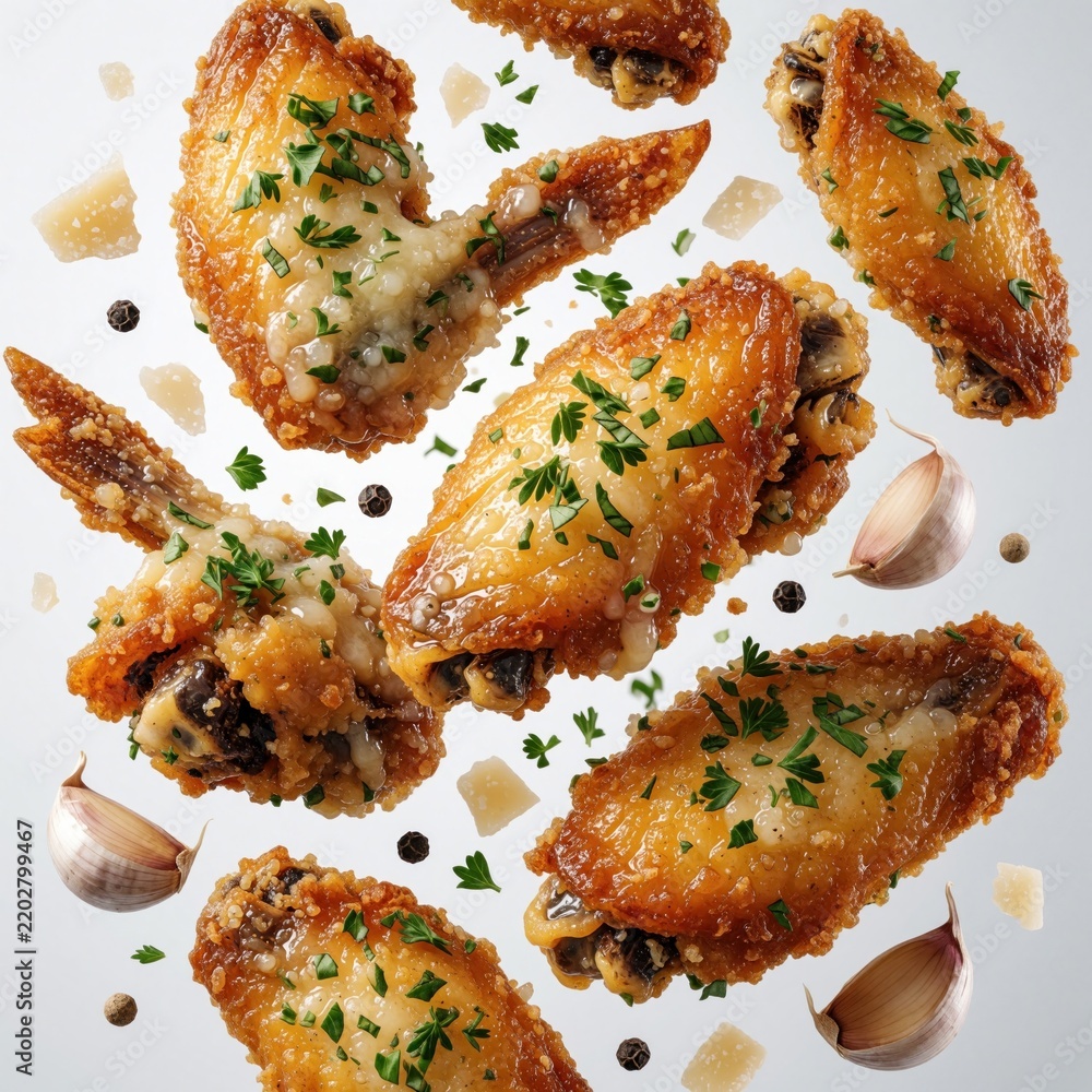 Fototapeta premium Crispy fried chicken wings covered in garlic parmesan sauce and fresh parsley float in air. Ingredients like garlic cloves, peppercorns, and cheese bits surround the tasty poultry appetizer.