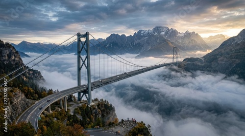 A majestic suspension bridge spans a deep valley, shrouded in a thick layer of mist. Towering, snow-capped mountains rise dramatically on either side, partially obscured by the swirling clouds.