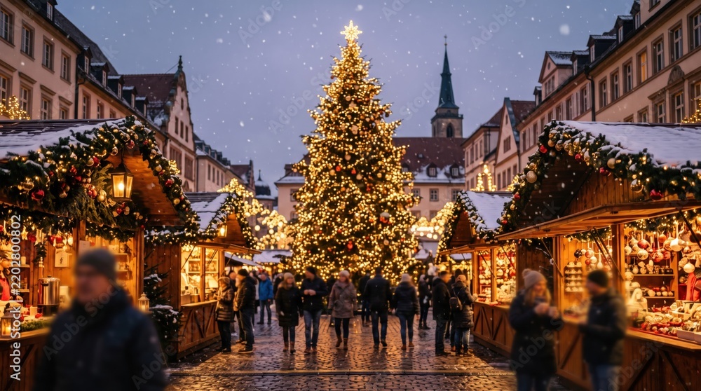 Obraz premium Traditional European Christmas market with illuminated wooden stalls and a large glowing tree at twilight