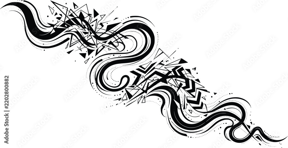Fototapeta premium Abstract ink brush stroke design with messy splatter and tribal shapes