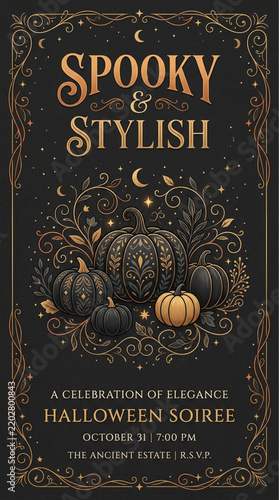 Vintage Halloween Soiree Invitation, Elegant Spooky and Stylish Poster with Gold Filigree and Pumpkins, Gothic Victorian Celebration Vector