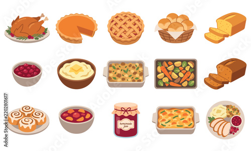 Traditional Thanksgiving Food Set with Roasted Turkey, Pumpkin Pie, Stuffing, and Homemade Jam - Autumn Feast Vector Clipart Stock Vector