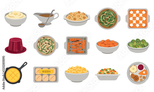 Traditional Thanksgiving Side Dishes Food Set with Mashed Potatoes, Gravy, Stuffing, and Cranberry Sauce - Holiday Vector Clipart Stock Vector