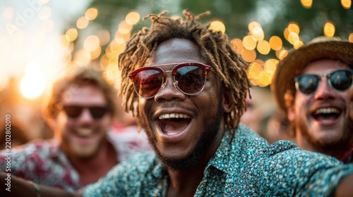 A fun-loving group of friends celebrating at an outdoor festival, enjoying the lively atmosphere with laughter and shared joy, creating lasting memories together.