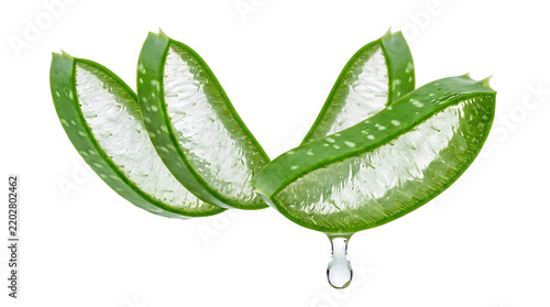 Fresh aloe vera slices with water droplet, isolated on transparent background
